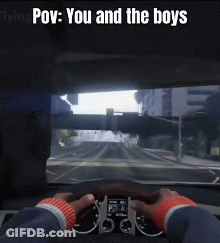 A Person Is Driving A Car With The Words Pov : You And The Boys On The Screen GIF