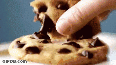 A Person Is Eating A Chocolate Chip Cookie On A Plate . GIF