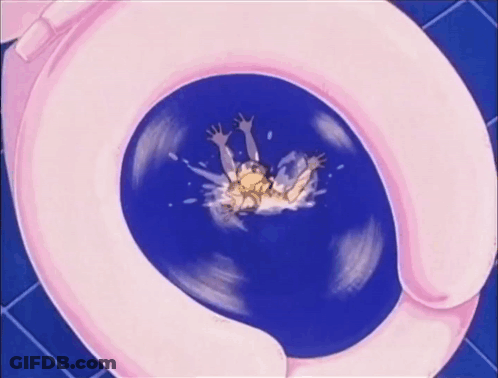 A Person Is Falling Into A Pink Toilet Bowl GIF