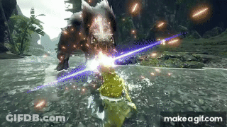 A Person Is Fighting A Monster In A Video Game While Standing In The Water . GIF