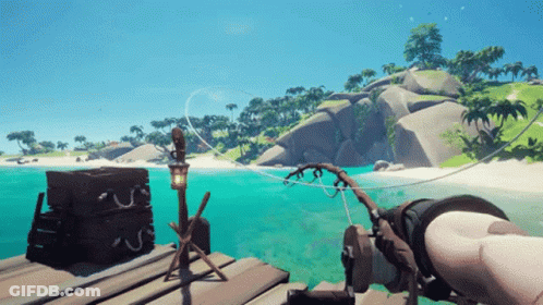 A Person Is Fishing On A Dock With A Lantern In The Water GIF