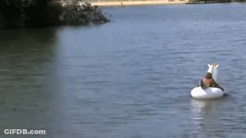 A Person Is Floating On A Unicorn Float In A Lake GIF