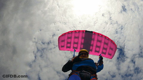 A Person Is Flying Through The Air With A Pink Parachute That Says " Beef " On It GIF