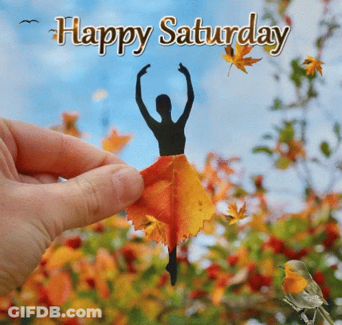 A Person Is Holding A Ballerina Cut Out Of A Leaf With The Words Happy Saturday Written On It GIF