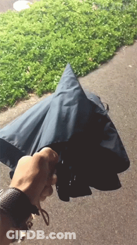 A Person Is Holding A Black Umbrella In Their Right Hand GIF