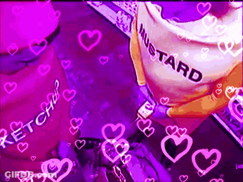 A Person Is Holding A Bottle Of Mustard In Front Of A Purple Background With Pink Hearts . GIF