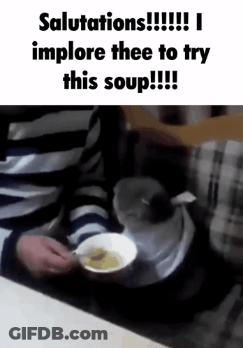 A Person Is Holding A Bowl Of Soup With The Words Salutations Implore Thee To Try This Soup Written On The Bottom GIF