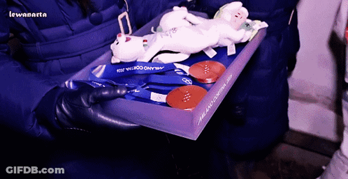A Person Is Holding A Box That Says Milano Coppa 2014 GIF