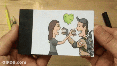 A Person Is Holding A Card With A Cartoon Of A Man And A Woman Giving Each Other A High Five . GIF