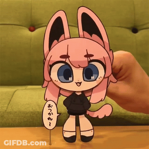A Person Is Holding A Cartoon Character With Pink Hair And Blue Eyes GIF
