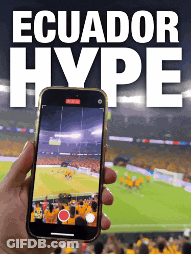 A Person Is Holding A Cell Phone In Front Of An Ecuador Hype Poster GIF
