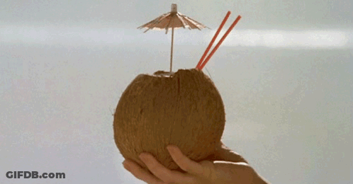 A Person Is Holding A Coconut With Straws And An Umbrella On Top GIF