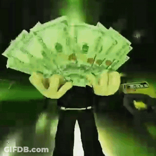 A Person Is Holding A Fan Of Money In Front Of Their Face GIF