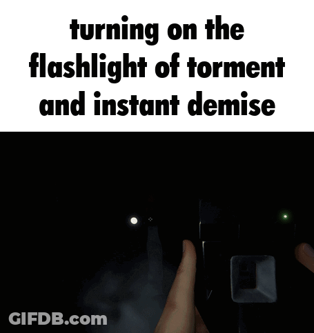 A Person Is Holding A Flashlight In Front Of A Door With The Words " Turning On The Flashlight Of Torment And Instant De GIF