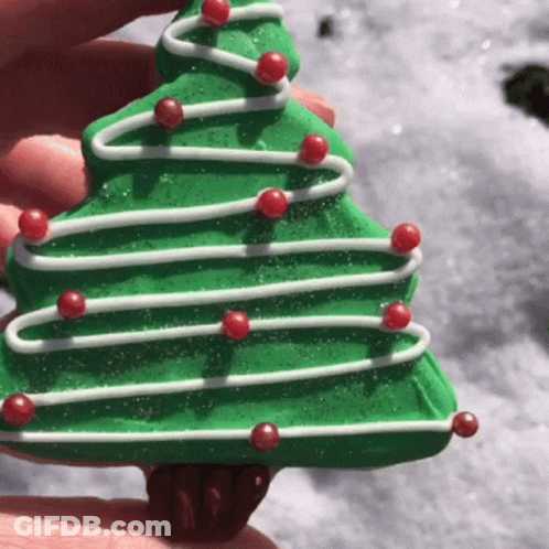 A Person Is Holding A Green Christmas Tree With Red Berries And White Frosting GIF