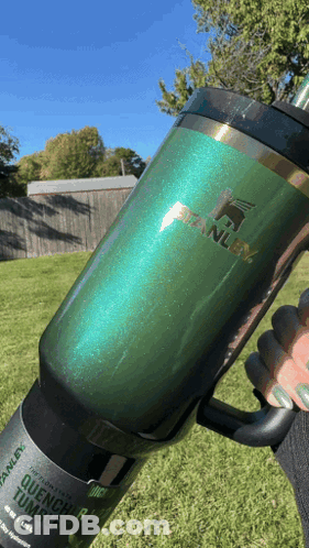 A Person Is Holding A Green Stanley Tumbler In Their Hand GIF