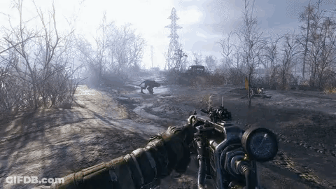 A Person Is Holding A Gun In A Video Game While A Dog Runs Behind Them . GIF