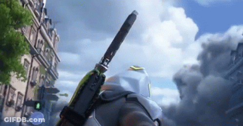 A Person Is Holding A Gun In A Video Game While Walking Down A Street . GIF