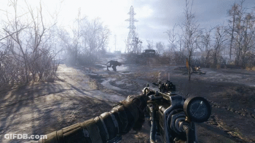A Person Is Holding A Gun In A Video Game With A Dog In The Background GIF