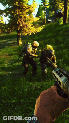 A Person Is Holding A Gun In A Video Game With Two Soldiers In The Background GIF