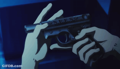 A Person Is Holding A Gun That Says S.e.e.s.p On It GIF