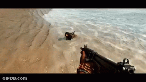 A Person Is Holding A Gun While Another Person Is Swimming In The Water . GIF