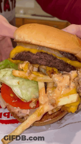A Person Is Holding A Hamburger With French Fries And Lettuce On It GIF