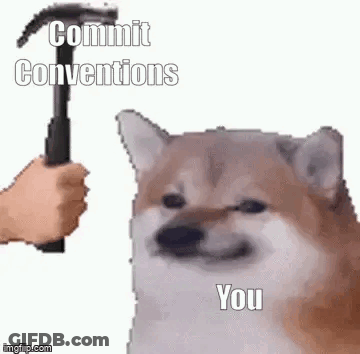 A Person Is Holding A Hammer Over A Dog That Says `` Commit Conventions '' . GIF