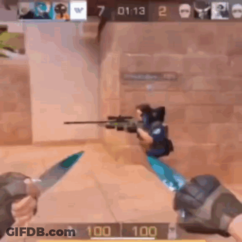 A Person Is Holding A Knife In A Video Game While Another Person Is Holding A Rifle . GIF