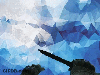 A Person Is Holding A Knife In Front Of A Blue And White Background GIF