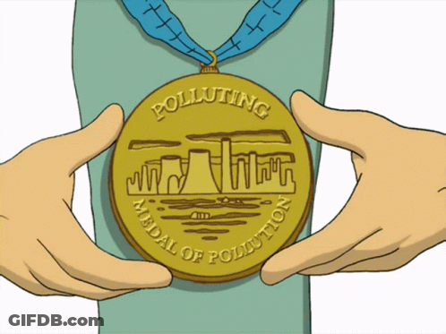 A Person Is Holding A Medal That Says Polluting On It GIF
