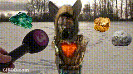 A Person Is Holding A Microphone In Front Of A Dog With A Heart In Its Chest GIF