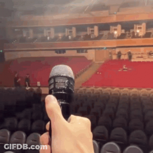 A Person Is Holding A Microphone In Front Of A Large Auditorium GIF