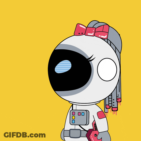 A Person Is Holding A Microphone In Front Of A Robot With Her Eyes Closed GIF
