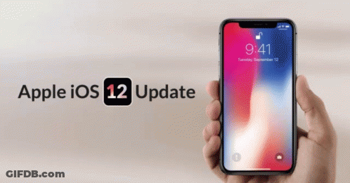 A Person Is Holding A Phone With The Apple Ios 12 Update Written Below It GIF