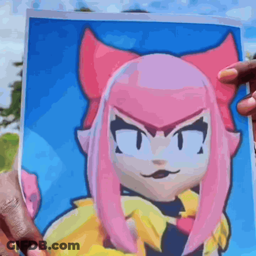A Person Is Holding A Picture Of A Cartoon Character With Pink Hair And A Bow GIF