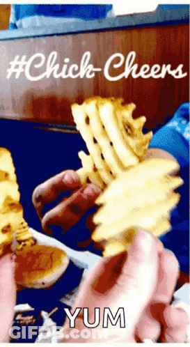 A Person Is Holding A Piece Of French Fries In Front Of A Sign That Says #Chick-Cheers GIF
