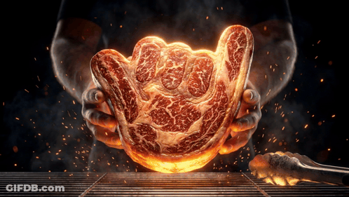 A Person Is Holding A Piece Of Meat That Looks Like A Hand Giving A Rock On Sign GIF