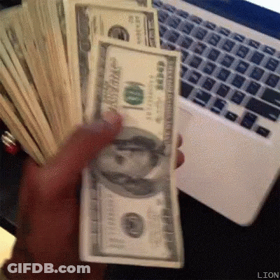 A Person Is Holding A Pile Of Money In Front Of A Laptop . GIF