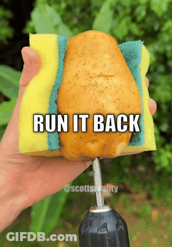 A Person Is Holding A Potato And A Sponge With The Words Run It Back Written On It GIF
