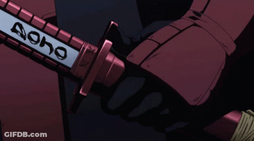 A Person Is Holding A Red Sword With The Word Oho On The Blade GIF