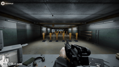 A Person Is Holding A Rifle In A Shooting Range With A Sign That Says ' Убежище ' On It GIF