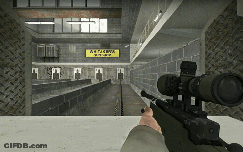 A Person Is Holding A Rifle In Front Of A Sign That Says Whittaker 'S Gun Shop GIF