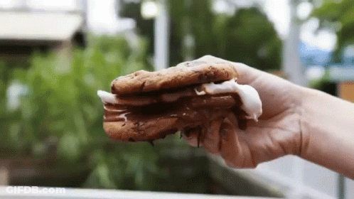 A Person Is Holding A S'mores Sandwich With Chocolate And Marshmallows In Their Hand . GIF