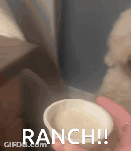 A Person Is Holding A Small Bowl Of Ranch Sauce GIF