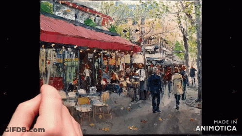 A Person Is Holding A Small Painting Of A Street Scene With The Words Made In Animotica Below It GIF
