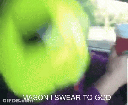 A Person Is Holding A Spray Bottle Next To A Green Object That Says Mason I Swear To God GIF