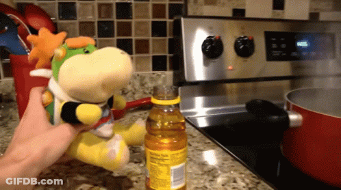A Person Is Holding A Stuffed Animal In Front Of A Stove With A Bottle Of Cooking Oil Next To It GIF