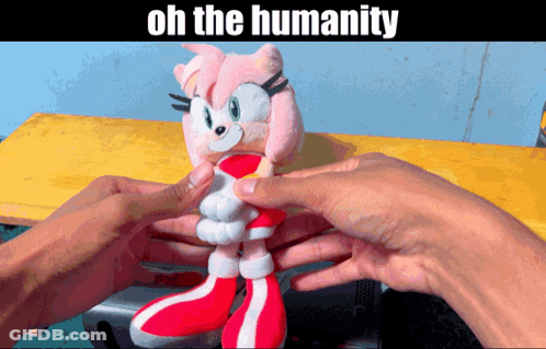 A Person Is Holding A Stuffed Animal That Says Oh The Humanity On The Bottom GIF