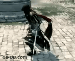 Person Holding Sword Walking On Brick Sidewalk GIF